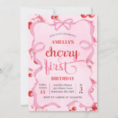Roze Coquette Cherry Eerste Verjaardag Uitnodiging (Voorkant)