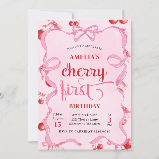 Roze Coquette Cherry Eerste Verjaardag Uitnodiging (Voorkant)