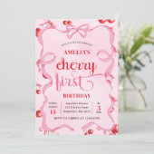 Roze Coquette Cherry Eerste Verjaardag Uitnodiging (Staand voorkant)