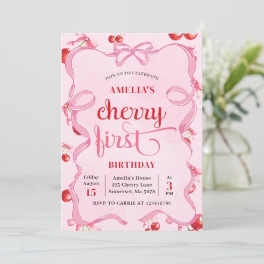 Roze Coquette Cherry Eerste Verjaardag Uitnodiging (Staand voorkant)