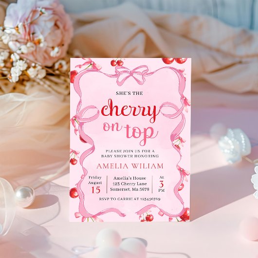 Roze Coquette Cherry op Top Baby shower Invitation Kaart