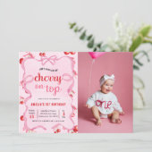 Roze Coquette Cherry op Top Verjaardag Foto Kaart (Staand voorkant)