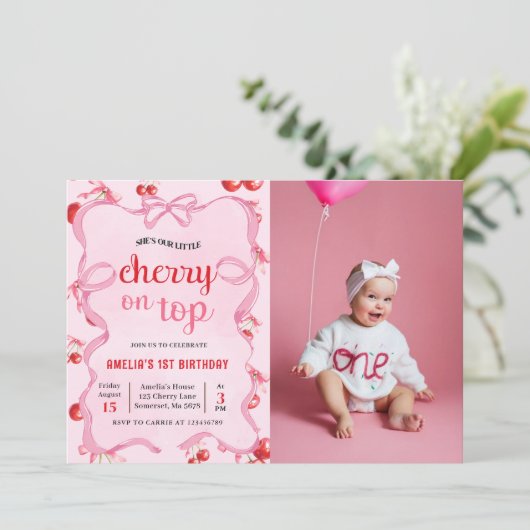 Roze Coquette Cherry op Top Verjaardag Foto Kaart (Staand voorkant)