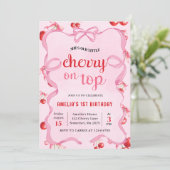 Roze Coquette Cherry op Top Verjaardag Uitnodiging (Staand voorkant)