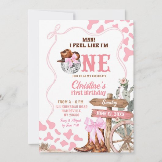 Roze Coquette Disco Cowgirl Like One 1st Birthday Kaart (Voorkant)