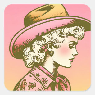 Roze Coquette Diva Retro Cowgirl Vierkante Sticker
