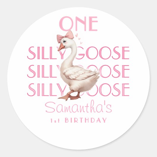 Roze Coquette Een Gekke Goose Girl 1e Verjaardag Ronde Sticker (Voorkant)