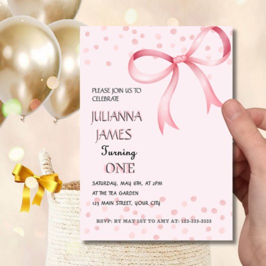 Roze Coquette elegante eerste verjaardag uitnodigi Kaart