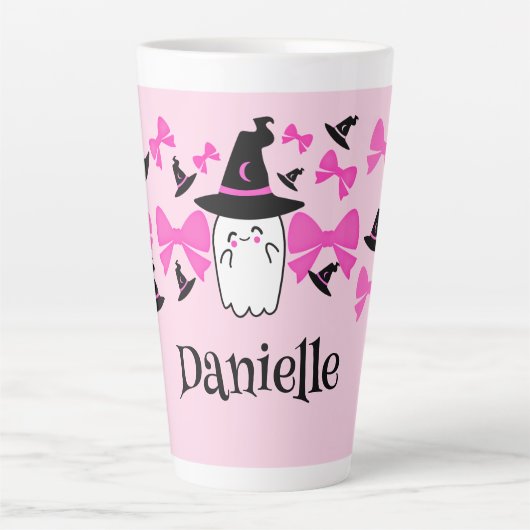 Roze Coquette Ghost met strikjes Halloween Latte Mok (Voorkant)