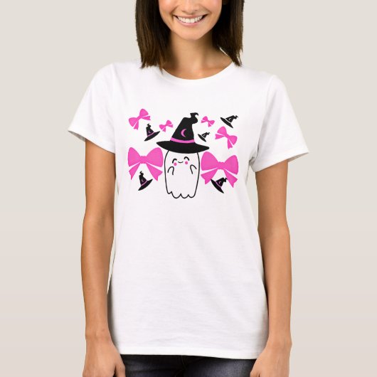 Roze Coquette Ghost met strikjes Halloween T-shirt (Voorkant)
