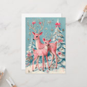Roze Coquette Hert Vintage Kerstmis Kaart (Voorkant / Achterkant in situ)