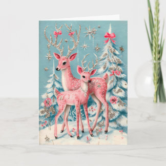 Roze Coquette Herten Vintage Kerstmis Kaart