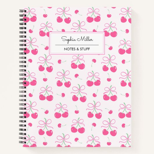 Roze Coquette Kers met strikken Monogram Notitieboek (Voorkant)