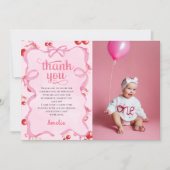 Roze Coquette Kers Verjaardagsfoto Bedankkaart (Voorkant)