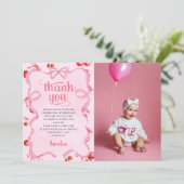 Roze Coquette Kers Verjaardagsfoto Bedankkaart (Staand voorkant)