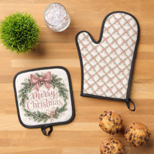 Roze Coquette Kerst Tralie Pinkmas Ovenwant & Pannenlap Set