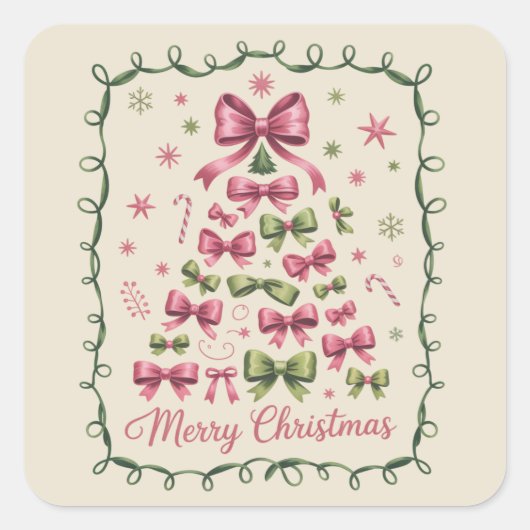Roze Coquette Kerstboom Girly Trendy Kerstmis Vierkante Sticker (Voorkant)