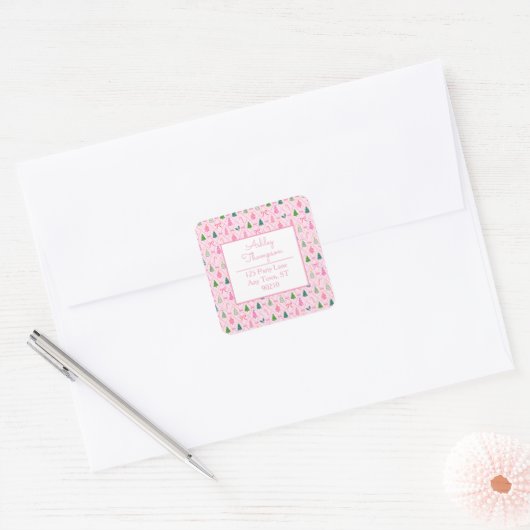 Roze Coquette Kerstmis Vierkante Sticker (Envelop)