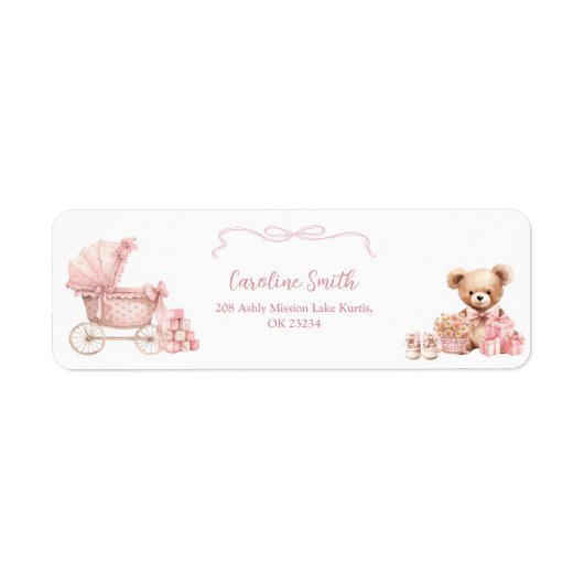 Roze Coquette Koets Baby Shower Adreslabel Etiket (Voorkant)