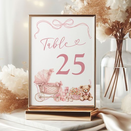 Roze Coquette Koets Baby Shower Tafelnummer