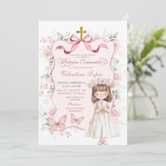 Roze Coquette lint Bloemen Eerste Heilige Communie Kaart (Staand voorkant)