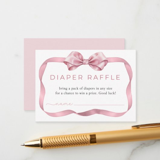 Roze Coquette Luier Raffle Kaart – Elegante Bow Ba (Voorkant / Achterkant in situ)