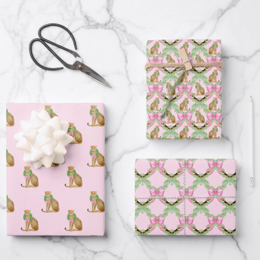 Roze Coquette Luipaard Kerst Inpakpapier Vel (Voorkant)