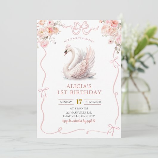 Roze Coquette Meisje gekroond Zwaan Verjaardag Kaart (Staand voorkant)