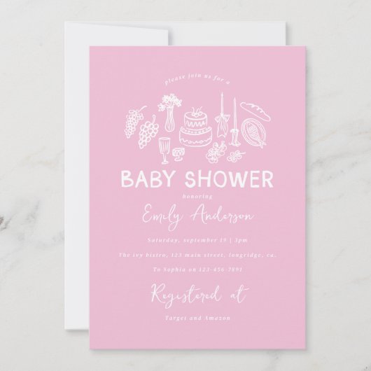 Roze coquette modern handgetekende baby shower kaart (Voorkant)