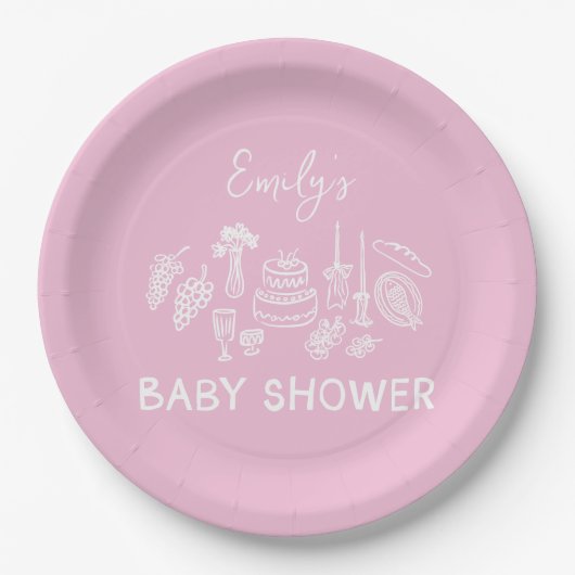 Roze coquette modern handgetekende baby shower papieren bordje (Voorkant)