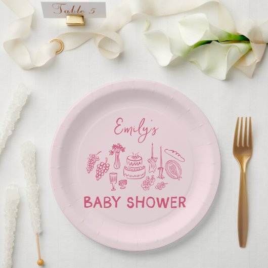 Roze coquette modern handgetekende baby shower papieren bordje (Huwelijk)