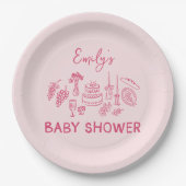 Roze coquette modern handgetekende baby shower papieren bordje (Voorkant)