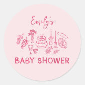 Roze coquette modern handgetekende baby shower ronde sticker (Voorkant)