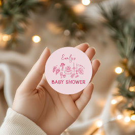 Roze coquette modern handgetekende baby shower ronde sticker