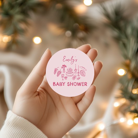 Roze coquette modern handgetekende baby shower ronde sticker