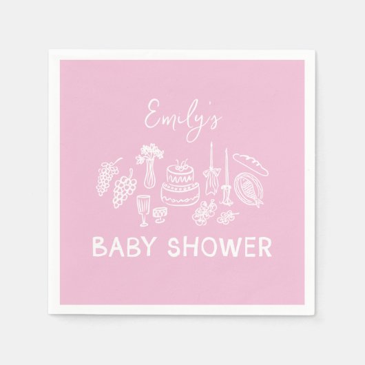 Roze coquette modern handgetekende baby shower servet (Voorkant)