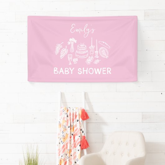 Roze coquette modern handgetekende baby shower spandoek (Insitu)