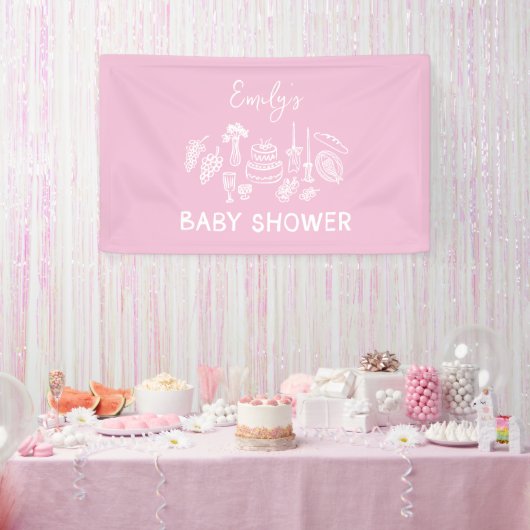 Roze coquette modern handgetekende baby shower spandoek (Feest)