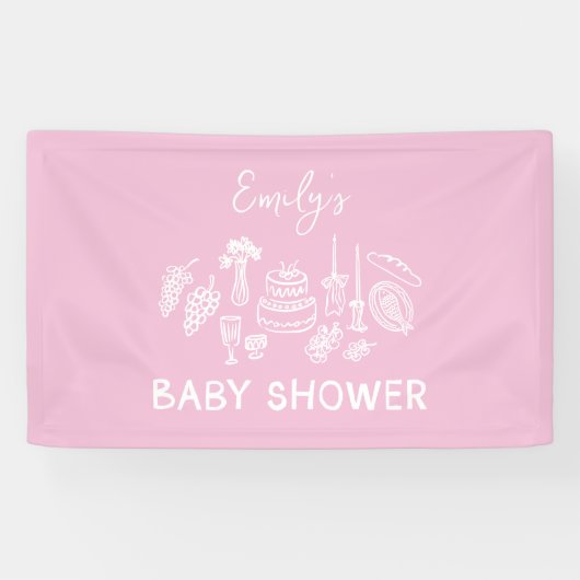 Roze coquette modern handgetekende baby shower spandoek (Horizontaal)