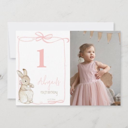 Roze Coquette Peter het Konijn 1e Verjaardag Bedankkaart (Voorkant)