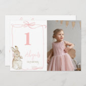 Roze Coquette Peter het Konijn 1e Verjaardag Bedankkaart (Voorkant / Achterkant)