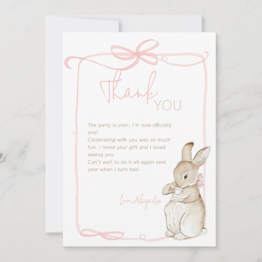 Roze Coquette Peter het Konijn 1e Verjaardag Bedankkaart (Voorkant)