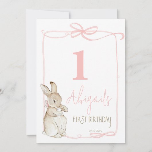 Roze Coquette Peter het Konijn 1e Verjaardag Bedankkaart (Achterkant)