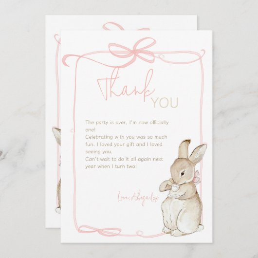 Roze Coquette Peter het Konijn 1e Verjaardag Bedankkaart (Voorkant / Achterkant)