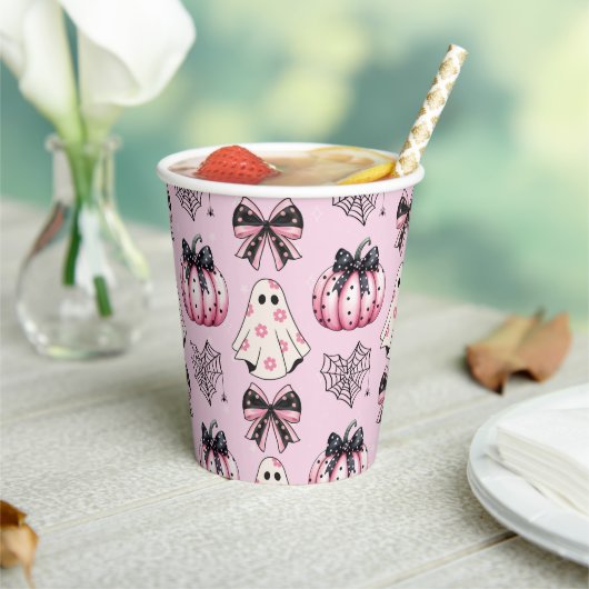 Roze Coquette Pompoen Geesten Halloween Patroon Papieren Bekers (Insitu)