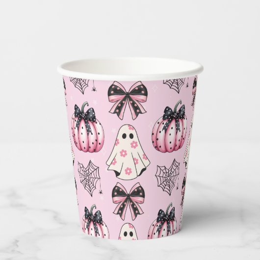 Roze Coquette Pompoen Geesten Halloween Patroon Papieren Bekers (Achterkant)