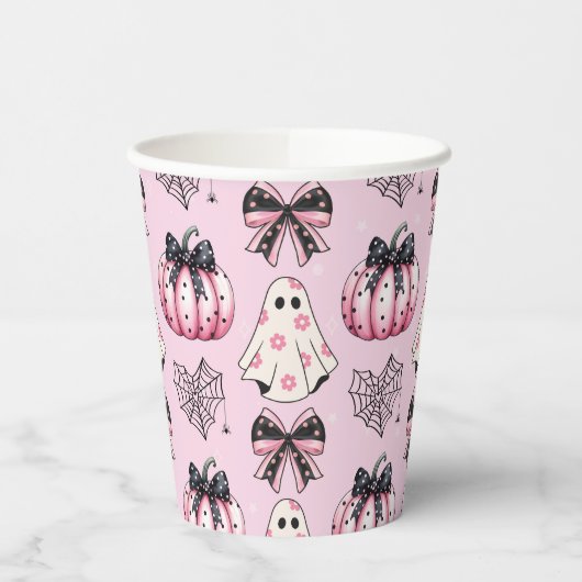 Roze Coquette Pompoen Geesten Halloween Patroon Papieren Bekers (Links)