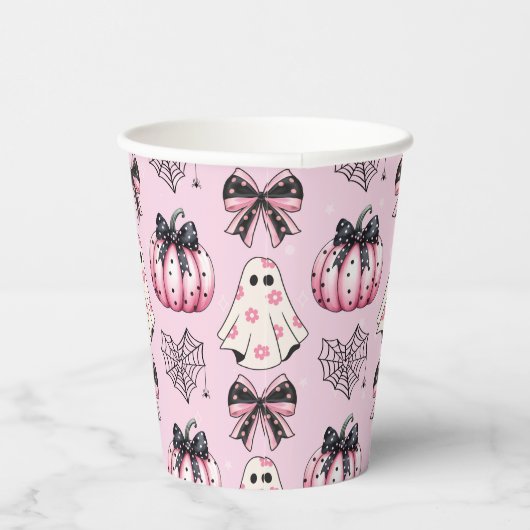 Roze Coquette Pompoen Geesten Halloween Patroon Papieren Bekers (Rechts)