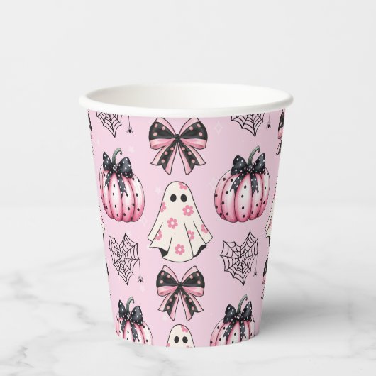 Roze Coquette Pompoen Geesten Halloween Patroon Papieren Bekers (Voorkant)