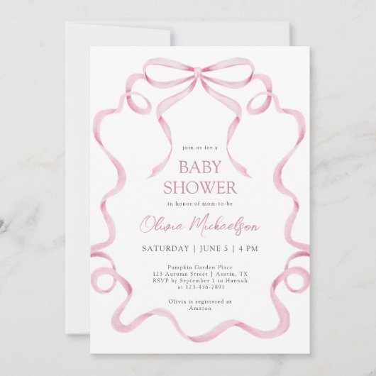 Roze Coquette Ribbon Bow Blush Lijst Baby shower Kaart (Voorkant)